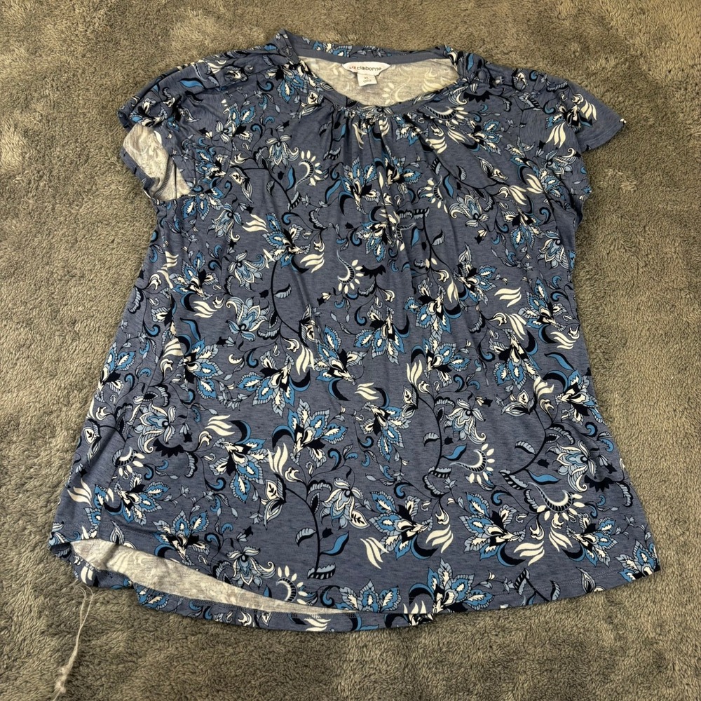 Liz Claiborne Womens XL Blue Floral Paisley Short Sleeve Pleated Neck Top Blouse